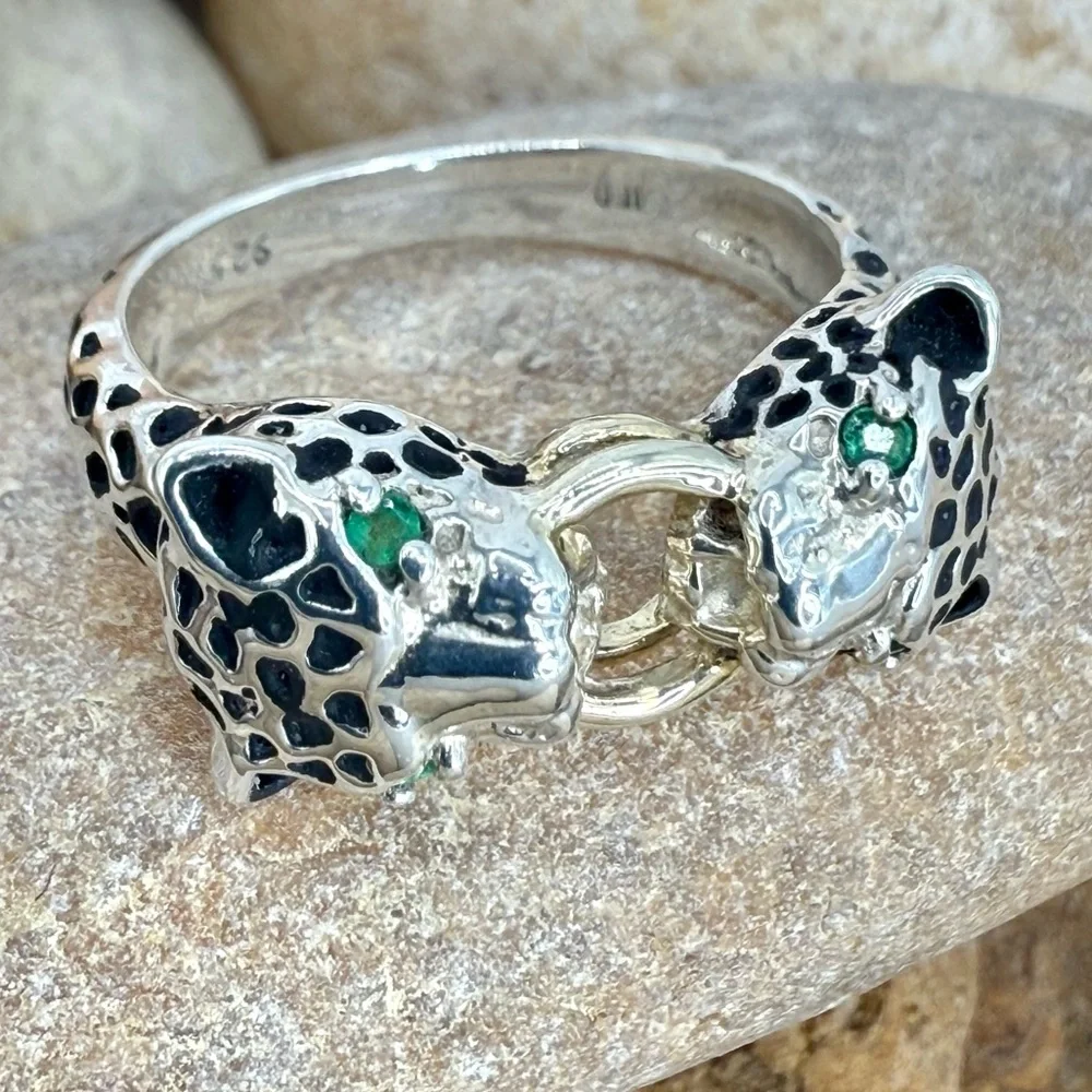JED Joseph DeMarco Double Panther Ring 925 Sterling Genuine Emerald Eyes Sz 8 - Picture 5 of 16